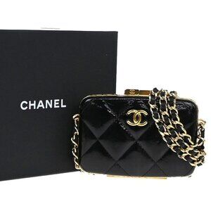CHANEL CC Matelasse Mini Chain Wallet Card Case Patent Leather Black 614RF869